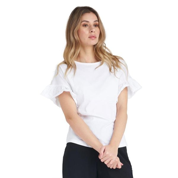 Błyszcząca damska koszulka z krótkim rękawem i falbaną. Białe bluzki damskie LEONE 1947 APPAREL, l, bez wzorów, z tkaniny, bez kołnierzyka, bez ramiączek. W wyprzedaży za 83.85 zł.