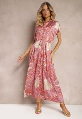 Różowo-Beżowa Sukienka Boho o Rozkloszowanym Kroju Ściągana w Talii Dimirrah. Czerwone sukienki damskie Renee, z aplikacjami, boho, bez ramiączek. W wyprzedaży za 75.99 zł.