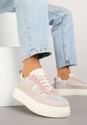 Beżowo-Różowe Sneakersy na Platformie Ozdobione Plecionką Nilaraviela. Brązowe obuwie sportowe damskie Renee, z jeansu, bez zapięcia. Za 89.99 zł.