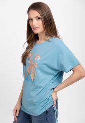 Koszulka z motywem liści T-PLANTS. Niebieskie koszulki damskie Volcano, s, bez wzorów, z bawełny, bez kołnierzyka, bez ramiączek. Za 59.99 zł.