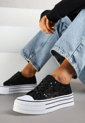 Czarne Trampki Vices z Siateczki z Cekinami na Grubej Podeszwie Telanila. Czarne trampki damskie Renee, bez wzorów, z jeansu, bez zapięcia. Za 59.99 zł.
