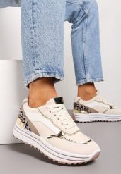 Beżowe Sneakersy na Wysokiej Podeszwie z Błyszczącymi Wstawkami Lovana. Brązowe obuwie sportowe damskie Renee, bez zapięcia. Za 79.99 zł.