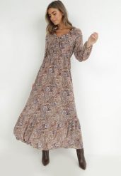 Brązowo-Beżowa Sukienka z Falbanką przy Dekolcie w Ornamentalny Wzór isha. Brązowe sukienki damskie Born2be, bez wzorów, eleganckie, bez ramiączek. W wyprzedaży za 135.99 zł.