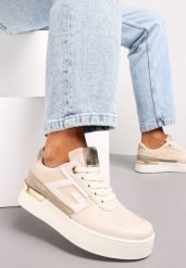 Beżowe Sznurowane Sneakersy na Grubej Podeszwie z Metaliczną Wstawką Faeline. Brązowe obuwie sportowe damskie Renee, bez zapięcia. Za 74.99 zł.