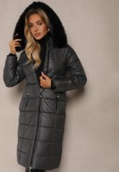 Szara Pikowana Kurtka o Długim Kroju z Odpinanym Kołnierzem z Futerka Neathora. Szare kurtki damskie Renee, l, bez wzorów, z futra, bez kaptura. Za 229.99 zł.