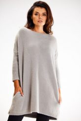 Luźna Sukienka z Puszystej Dzianiny - Szara. Szare sukienki damskie Awama, bez wzorów, z dzianiny, bez ramiączek. Za 222.90 zł.