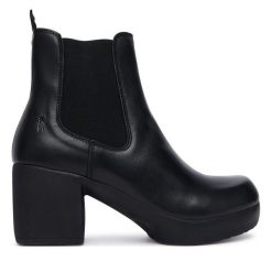 Botki Fly London. Czarne botki damskie Fly London, bez obcasa, na słupku, bez zapięcia. Za 749.99 zł.
