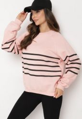 Różowa Dzianinowa Bluza z Polarem Ozdobiona Poziomymi Paskami Labril. Czerwone bluzy damskie Born2be, l, bez wzorów, z dzianiny, bez kaptura. Za 44.99 zł.