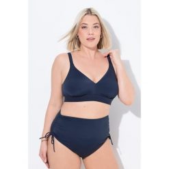 Damskie figi od bikini marszczona taśma wypełnienie z przodu. Niebieskie figi Ulla Popken, bez wzorów, z elastanu. W wyprzedaży za 100.99 zł.