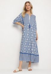 Jasnoniebieska Bawełniana Sukienka w Stylu Boho z Wiązaniem Przy Dekolcie Orradelle. Niebieskie sukienki damskie Born2be, bez wzorów, z bawełny, boho, bez ramiączek. Za 99.99 zł.