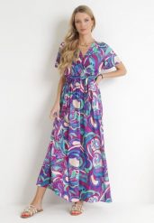 Fioletowa Kopertowa Sukienka Maxi z Wiskozy z Gumką w Pasie Quina. Fioletowe sukienki damskie Born2be, bez wzorów, z wiskozy, bez ramiączek. Za 109.99 zł.