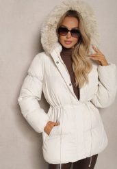 Jasnobeżowa Kurtka Pikowana ze Ściągaczem w Talii Odpinanym Futerkiem i Kapturem Zailia. Brązowe kurtki damskie Renee, l, bez wzorów, z jeansu. Za 189.99 zł.