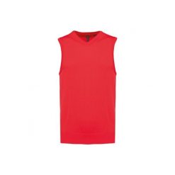 Sweter bez rękawów z dekoltem w szpic Kariban. Czerwone swetry klasyczne damskie KARIBAN, na zimę, z bawełny, bez kołnierzyka. Za 179.00 zł.