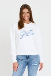 GUESS Biała bluza z cyrkoniami. Białe bluzy damskie Guess, s, z aplikacjami, bez kaptura. W wyprzedaży za 226.99 zł.