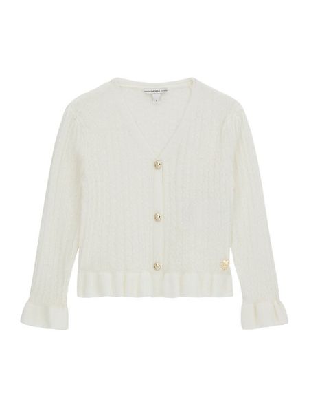 Guess Kardigan K6RR03 Z4530 Biały Regular Fit. Białe swetry dziewczęce Guess, z aplikacjami, z syntetyku, bez kołnierzyka, bez ramiączek. Za 199.99 zł.