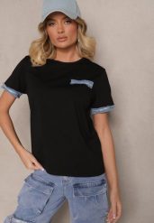 Czarna Bawełniana Bluzka T-shirt Oversize z Ozdobnym Wykończeniem Mirnil. Czarne bluzki damskie Renee, l, bez wzorów, z bawełny, bez kołnierzyka. Za 34.99 zł.