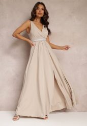 Jasnobeżowa Rozkloszowana Sukienka z Wycięciem i Paskiem w Cyrkonie Elineta. Brązowe sukienki damskie Renee, bez wzorów, z materiału, eleganckie, bez ramiączek. W wyprzedaży za 107.99 zł.