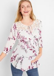 Bluzka ciążowa z wiskozy. Białe bluzki damskie bonprix, z aplikacjami, z koronki, bez kołnierzyka, moda ciążowa, bez ramiączek. Za 109.99 zł.