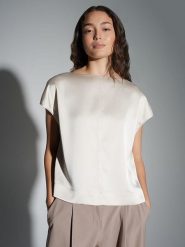 OPUS Bluzka w kolorze kremowym rozmiar: 36. Brązowe bluzki damskie Opus, bez wzorów, z satyny, bez kołnierzyka, bez ramiączek. Za 130.99 zł.