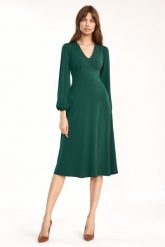 Zielona Elegancka Midi Sukienka z Bufiastym Rękawem. Zielone sukienki damskie Nife, bez wzorów, z elastanu, eleganckie, bez ramiączek. Za 198.90 zł.