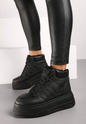 Czarne Sneakersy na Platformie Mocno Ocieplane Futerkiem Lealwen. Czarne obuwie sportowe damskie Renee, z jeansu, bez zapięcia. Za 129.99 zł.