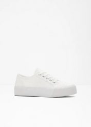 Sneakersy na podeszwie platformie. Białe obuwie sportowe casual damskie bonprix, bez zapięcia. Za 124.99 zł.