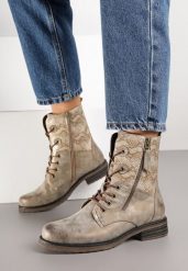 Ciemnobeżowe Botki Workery Zdobione Suwakiem i Wężowym Tłoczeniem Vemindra. Brązowe botki damskie Born2be, z jeansu, klasyczne, bez obcasa, na płaskiej podeszwie, bez zapięcia. Za 149.99 zł.