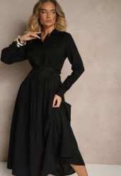 Czarna Rozkloszowana Sukienka z Wiskozy z Guzikami i Paskiem Ronesa. Czarne sukienki damskie Renee, bez wzorów, z wiskozy, eleganckie, bez ramiączek. W wyprzedaży za 119.99 zł.