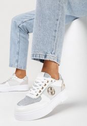 Białe Sneakersy na Niskiej Platformie z Brokatem i Metalicznymi Wstawkami Winfrea. Białe obuwie sportowe damskie Born2be, bez zapięcia, trekkingowe. Za 89.99 zł.