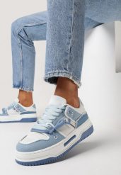 Niebieskie Sneakersy na Platformie z Ozdobnym Sznurowaniem Awidea. Niebieskie obuwie sportowe casual damskie Born2be, z jeansu, bez zapięcia. Za 89.99 zł.