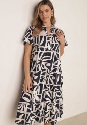 Granatowa Pudełkowa Sukienka z Wiskozy w Geometryczny Wzór Perante. Niebieskie sukienki damskie Born2be, bez wzorów, z wiskozy, eleganckie, bez ramiączek. Za 99.99 zł.