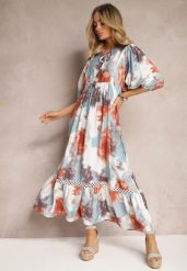 Beżowa Sukienka w Stylu Boho z Krótkim Rękawem z Falbanką i Rękawem 3/4 Valendra. Białe sukienki damskie Renee, bez wzorów, boho, bez ramiączek. W wyprzedaży za 107.99 zł.
