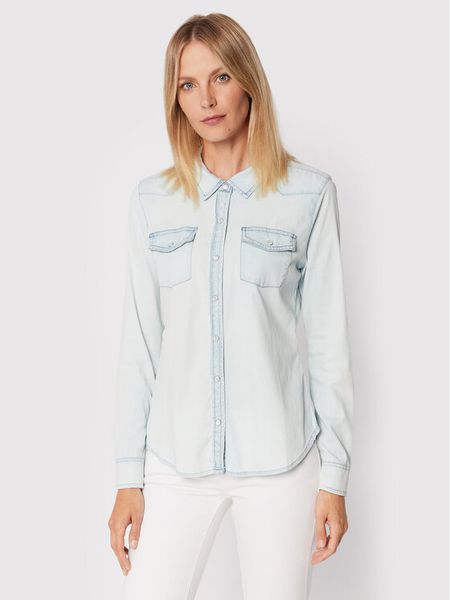 Guess Koszula jeansowa W2GH75 D4NA0 Niebieski Regular Fit. Niebieskie koszule damskie Guess, xs, z aplikacjami, z bawełny, bez kołnierzyka, bez ramiączek. Za 209.99 zł.