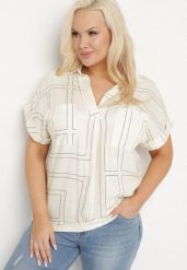 Jasnobeżowa Bluzka o Koszulowym Fasonie z Wiskozy w Geometryczny Print Ralozi. Brązowe bluzki damskie Born2be, l, bez wzorów, z jeansu, eleganckie, bez kołnierzyka, plus size, bez ramiączek. Za 69.99 zł.