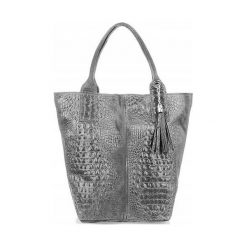 Shopper bag jasny szary skórzany croco L94. Szare shopper bag Vera pelle, z aplikacjami, z materiału, małe, bez dodatków. Za 229.99 zł.