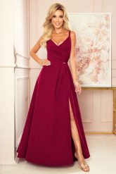 Maxi Sukienka na Ramiączkach z Kopertowym Dekoltem - Bordowa. Czerwone sukienki damskie NUMOCO, bez wzorów, z elastanu, wizytowe, bez ramiączek. Za 354.90 zł.