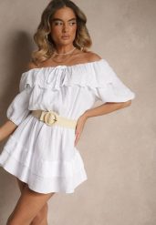 Biała Sukienka z Bawełny Ozdobiona Ażurową Falbaną Ranisse. Białe sukienki damskie Renee, z aplikacjami, z bawełny, eleganckie, bez ramiączek. W wyprzedaży za 111.99 zł.