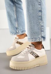 Beżowo-Panterkowe Sneakersy na Platformie Ozdobione Paskiem Vivesse. Brązowe obuwie sportowe damskie Renee, z jeansu, bez zapięcia. Za 79.99 zł.