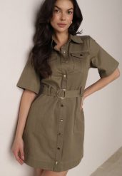 Zielona Sukienka Koszulowa w stylu Safari z Paskiem Risielle. Zielone sukienki damskie Born2be, bez wzorów, biznesowe, bez ramiączek. Za 229.99 zł.