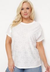 Biały T-shirt Koszulka z Krótkim Rękawem z Ażurowej Tkaniny Nispia. Białe bluzki damskie Born2be, plus size, w ażurowe wzory, z jeansu, bez kołnierzyka, bez ramiączek. Za 34.99 zł.