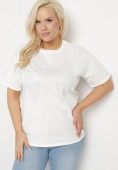 Biały T-shirt ze Wzorem z Cyrkonii Olisellea. Białe t-shirty damskie Born2be, xl, bez wzorów, z bawełny, bez kołnierzyka. Za 44.99 zł.