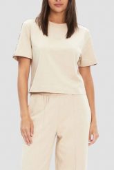 GUESS Beżowy bawełniany t-shirt damski z lampasami Britney, Rozmiar L. Brązowe t-shirty damskie Guess, l, z aplikacjami, z bawełny, bez kołnierzyka. Za 219.99 zł.