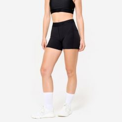 Spodenki fitness cardio damskie. Czarne spodenki sportowe damskie DOMYOS, l, bez wzorów, z materiału, na fitness i siłownię. Za 79.99 zł.