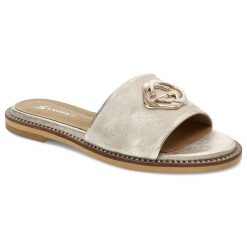 Złote Klapki Lamanti Skórzane Buty Na Lato. Żółte klapki damskie LAMANTI, bez wzorów, ze skóry, bez obcasa, bez zapięcia. Za 239.00 zł.