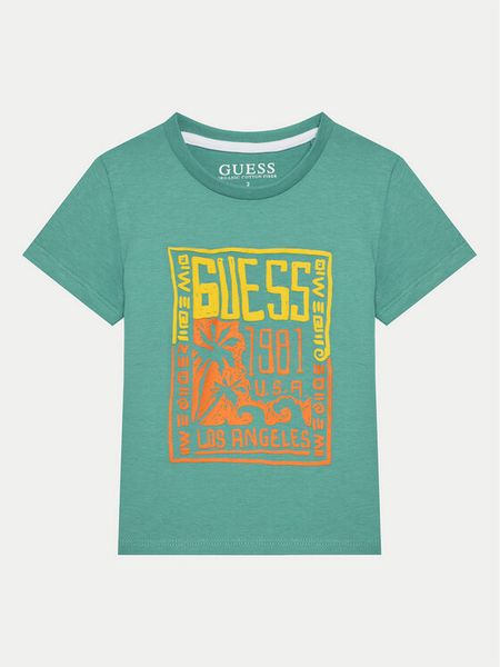 Guess T-Shirt N5GI16 K8HM4 Zielony Regular Fit. Zielone t-shirty i koszulki chłopięce Guess, z aplikacjami, z bawełny, bez kołnierzyka, bez ramiączek. Za 49.99 zł.