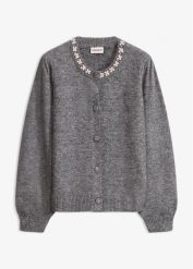 Sweter rozpinany z rękawami bufkami. Szare kardigany damskie bonprix, z aplikacjami. Za 149.99 zł.