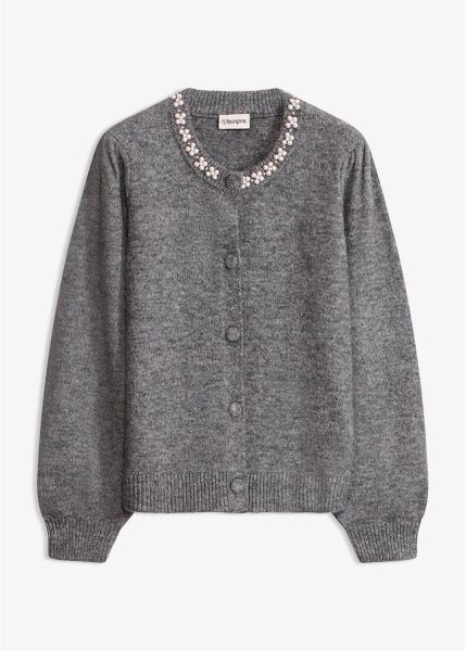 Sweter rozpinany z rękawami bufkami. Szare kardigany damskie bonprix, z aplikacjami. Za 149.99 zł.