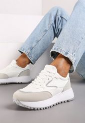 Białe Sneakersy na Płaskiej Podeszwie z Geometrycznym Motywem Erithnia. Białe obuwie sportowe damskie Renee, z jeansu, bez zapięcia. Za 99.99 zł.