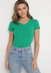 Ciemnozielony T-shirt z Bawełny z Trójkątnym Dekoltem Semiora. Zielone t-shirty damskie Born2be, m, bez wzorów, z bawełny, bez kołnierzyka. Za 34.99 zł.