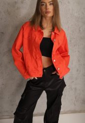 Pomarańczowa Jeansowa Kurtka z Bawełny Perilopei. Brązowe kurtki damskie Renee, l, bez wzorów, z bawełny, bez kaptura. Za 149.99 zł.